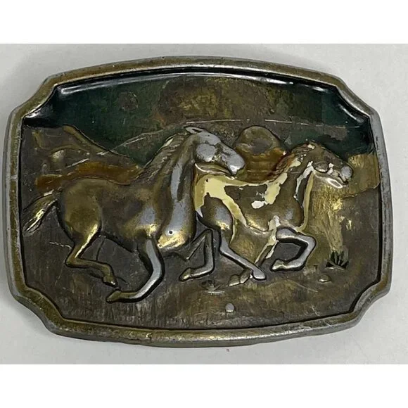 VINTAGE Wild Horses Solid Brass Belt Buckle Enamel U.S.A. Western Rustic Cowboy - Picture 2 of 10